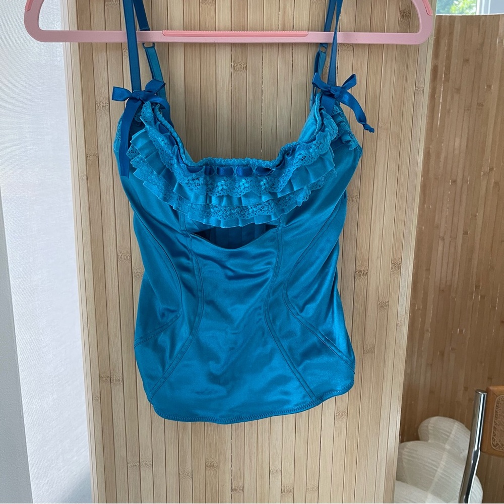 victoria’s secret bustier-shiny satin turquoise aqua blue ruffle lace vintage - Picture 2 of 10